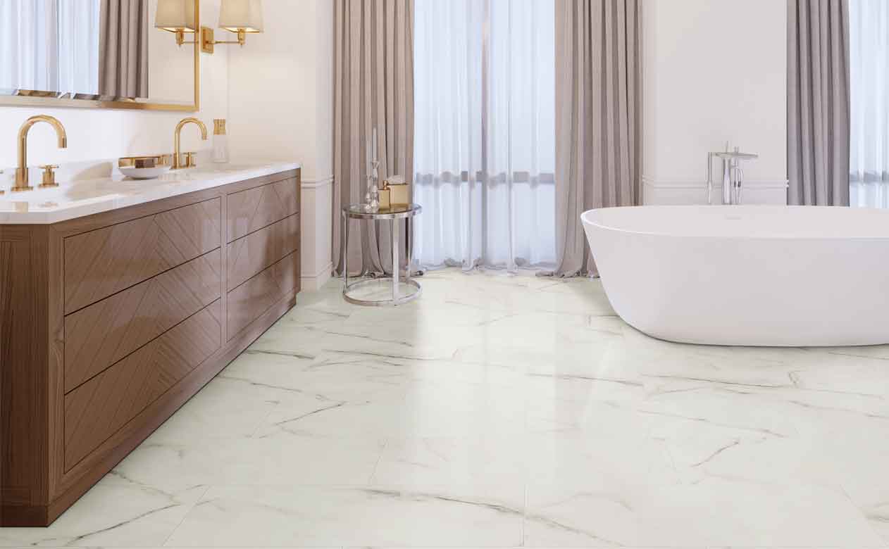 Stone luxury vinyl in bathroom with white tub and brown cabinets. 